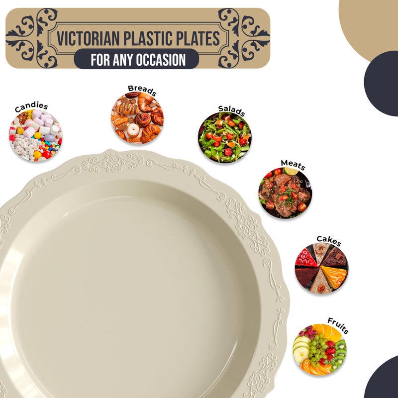 Exquisite Victorian 60-Piece Plastic Disposable Dinnerware Set - 60 x 7.5 inch Cream Plates for Party of 60 Guests - Image 2
